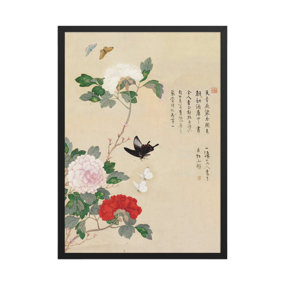 Poster - Blumen und Schmetterlinge Schwarz / 50×70 cm artlia