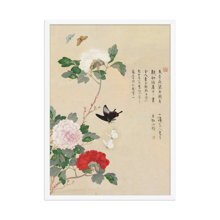 Poster - Blumen und Schmetterlinge Weiß / 50×70 cm artlia