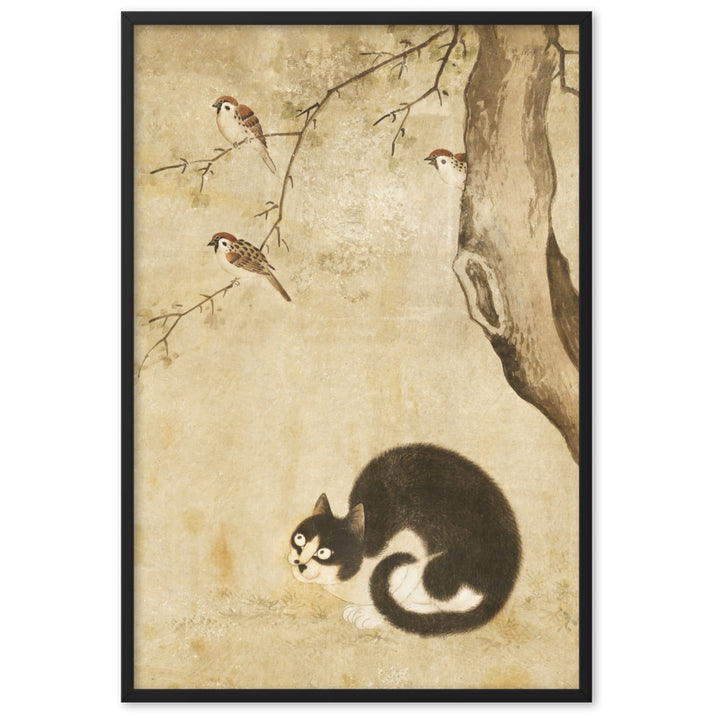 Poster - Katze und Spatzen, Byeon Sang-byeok Schwarz / 61×91 cm artlia