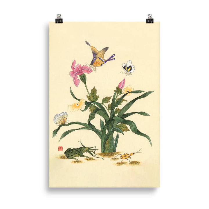 Blumen, Schmetteringe und Frosch - Poster artlia