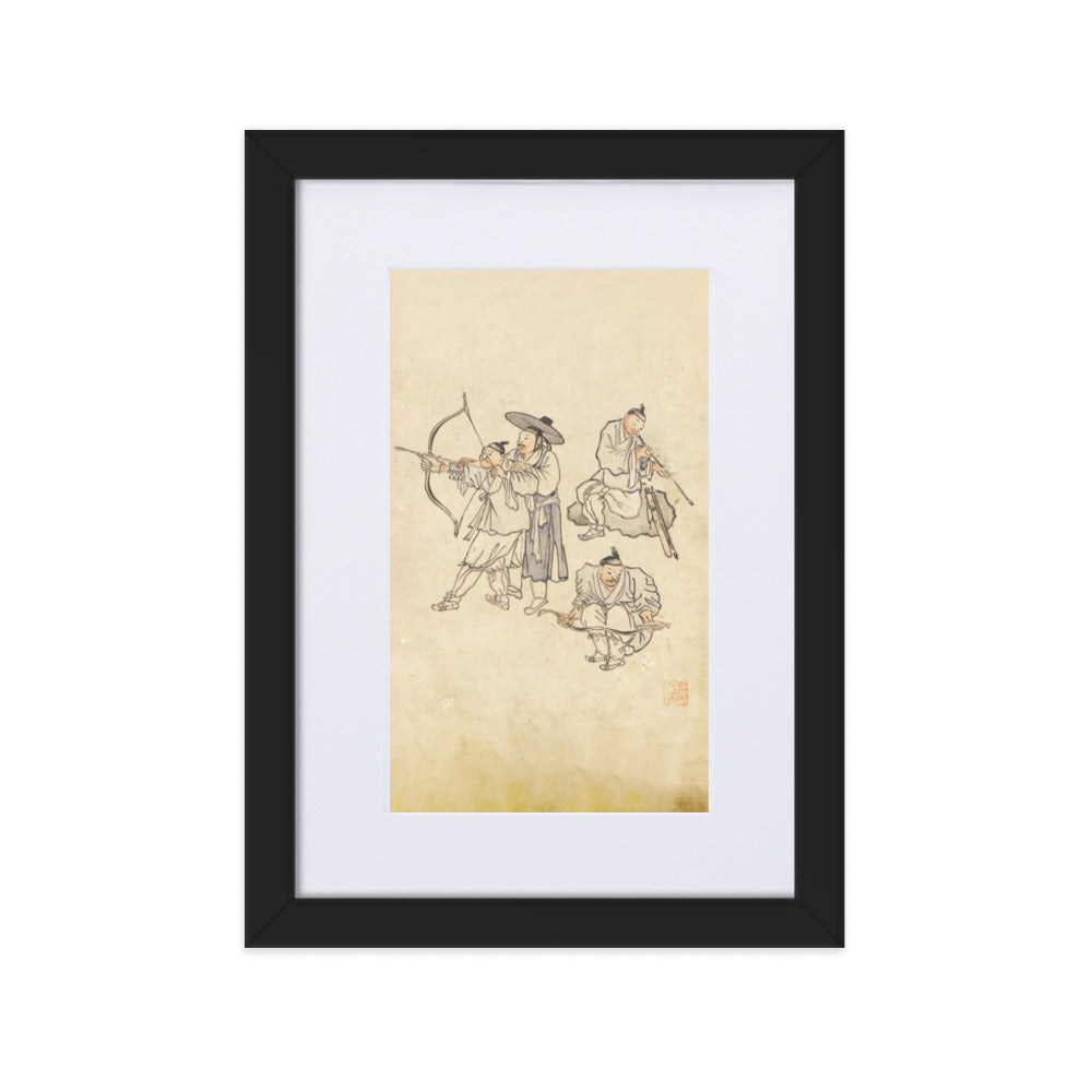 Bogenschiessen, Kim Hong-do - Poster im Rahmen mit Passepartout Schwarz / 21×30 cm artlia