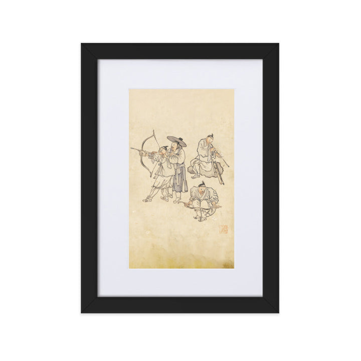 Bogenschiessen, Kim Hong-do - Poster im Rahmen mit Passepartout Schwarz / 21×30 cm artlia