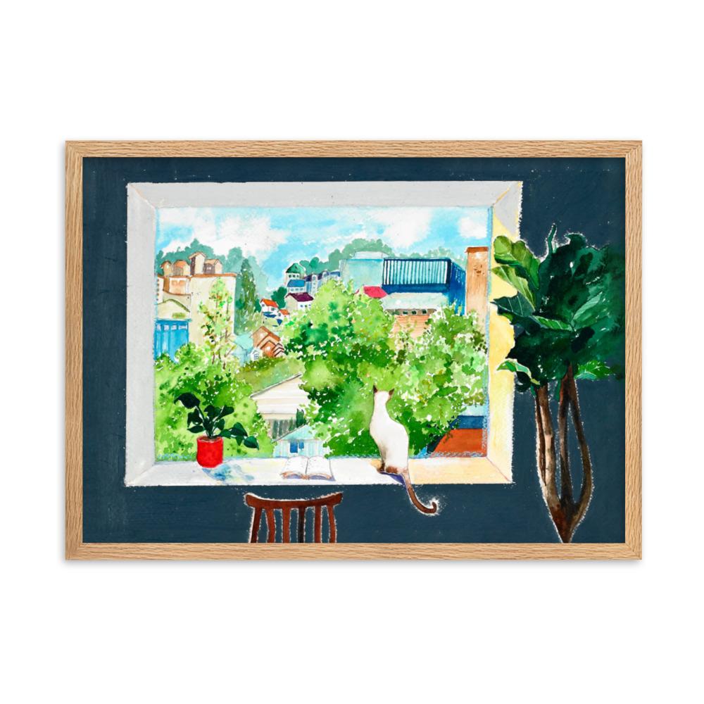 Die Katze, die Liebesgeschichten liest - Poster im Rahmen Oak / 50×70 cm artlia