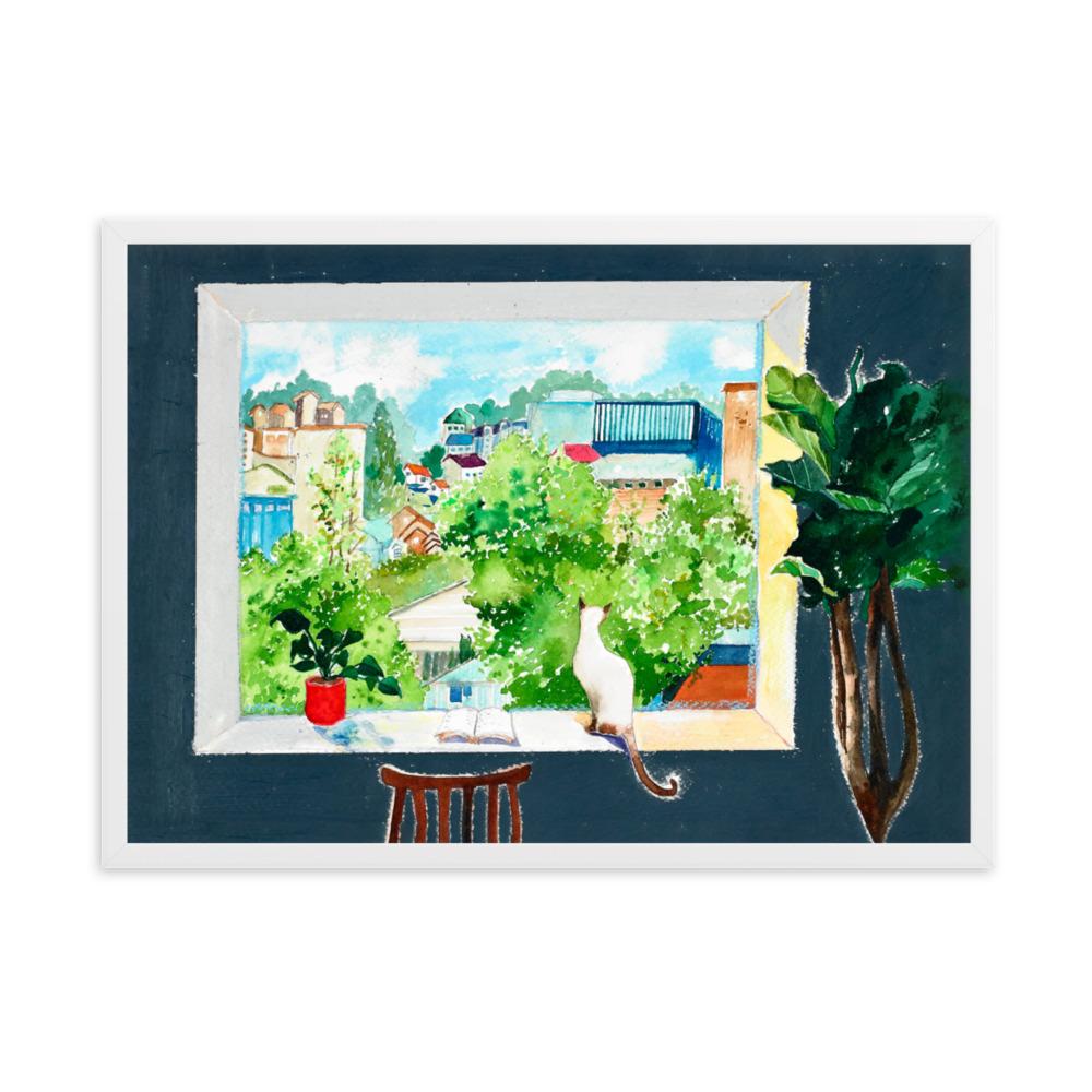 Die Katze, die Liebesgeschichten liest - Poster im Rahmen Weiß / 50×70 cm artlia