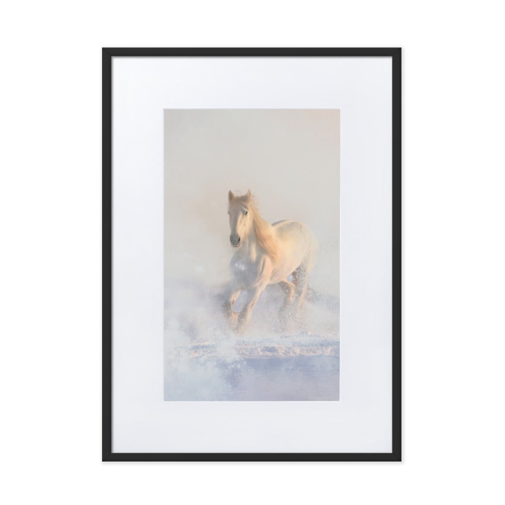 Pferd im Schnee - Poster im Rahmen mit Passepartout Schwarz / 50×70 cm artlia