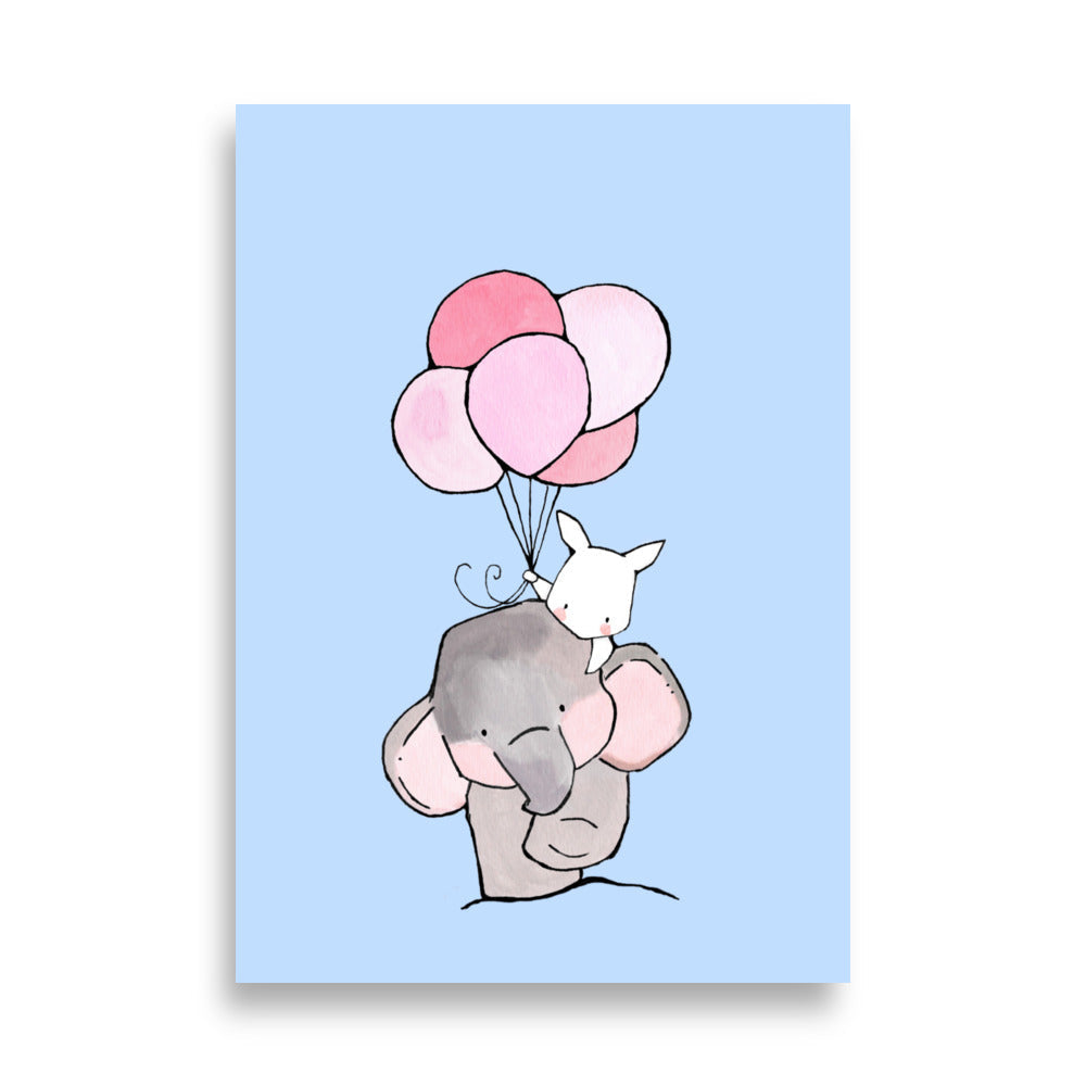 Poster - Elefant und Hase mit Luftballon 21×30 cm artlia