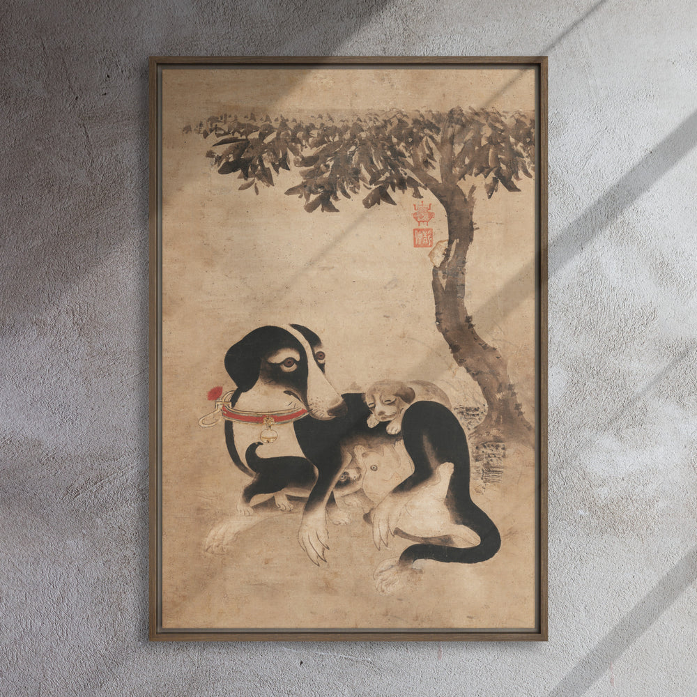 Hundemutter-mit-Welpen-framed-canvas-_in_-brown-24x36