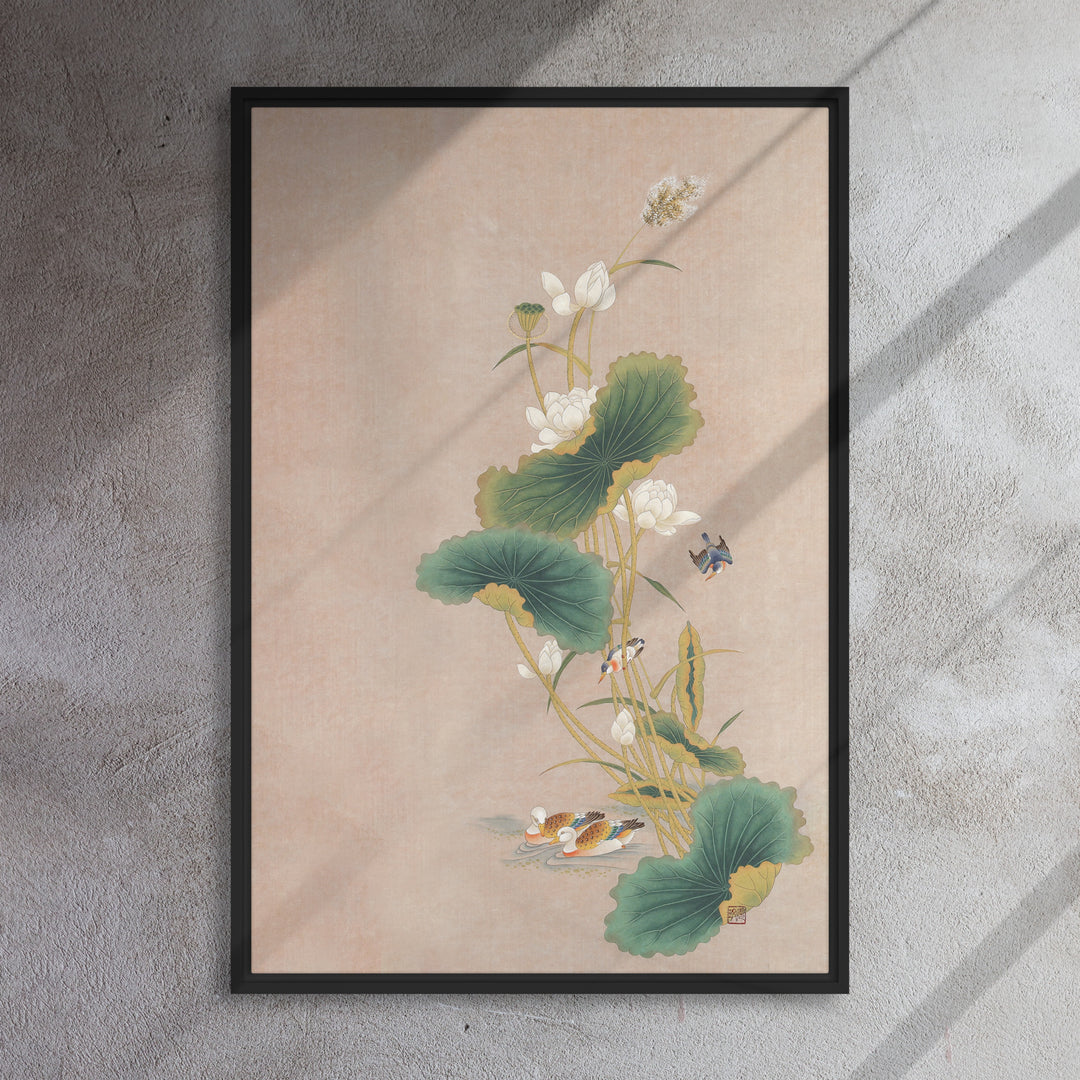 Leinwand - Seungmin Yoon, Lotusblüten mit Vögeln