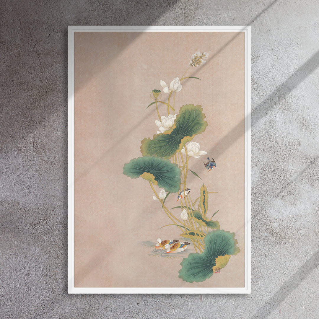 Leinwand - Seungmin Yoon, Lotusblüten mit Vögeln