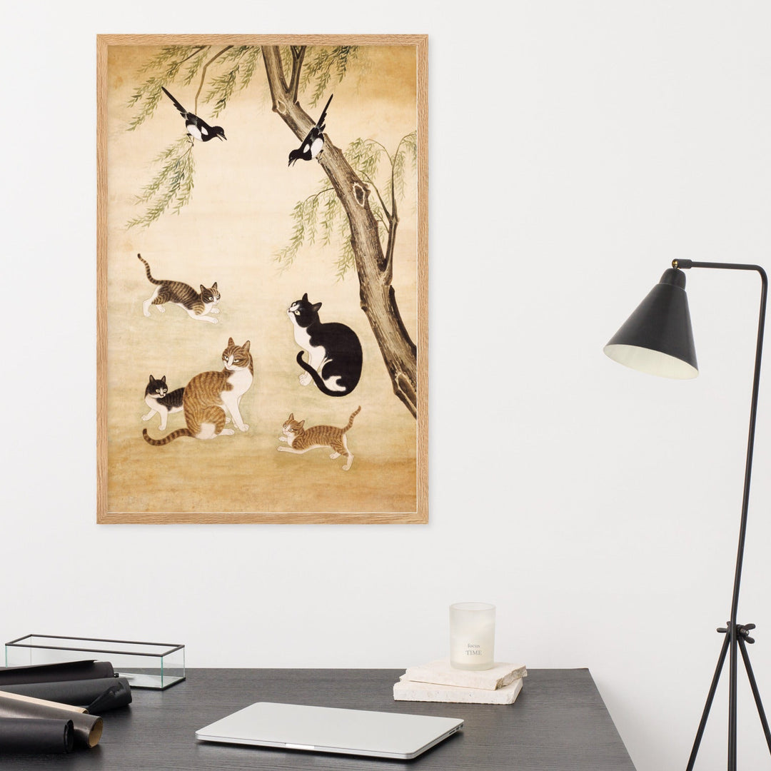 enhanced-matte-paper-framed-poster-_cm_-oak-61x91-cm-ji-un-jo-katzen-unter-der-weide-cats-under-the-willow