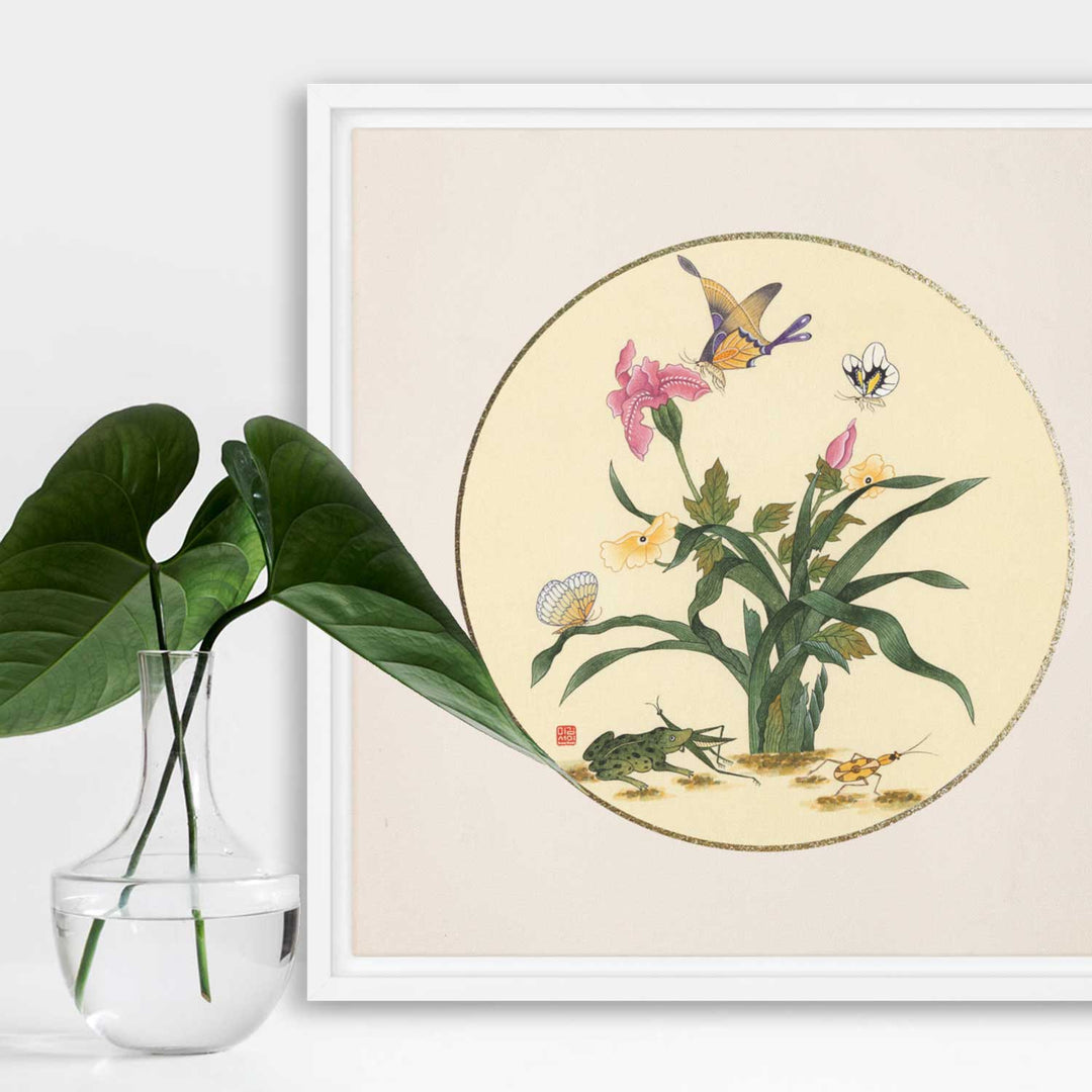 Leinwand - Blumen, Schmetteringe und Frosch Misun Kim artlia