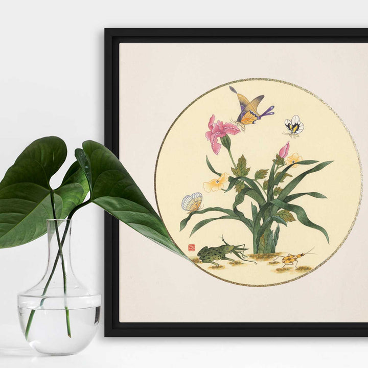 Leinwand - Blumen, Schmetteringe und Frosch Misun Kim artlia